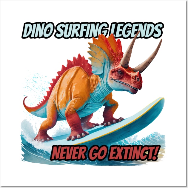 Dinosaur Surfing Funny Wall Art by sovadesignstudio